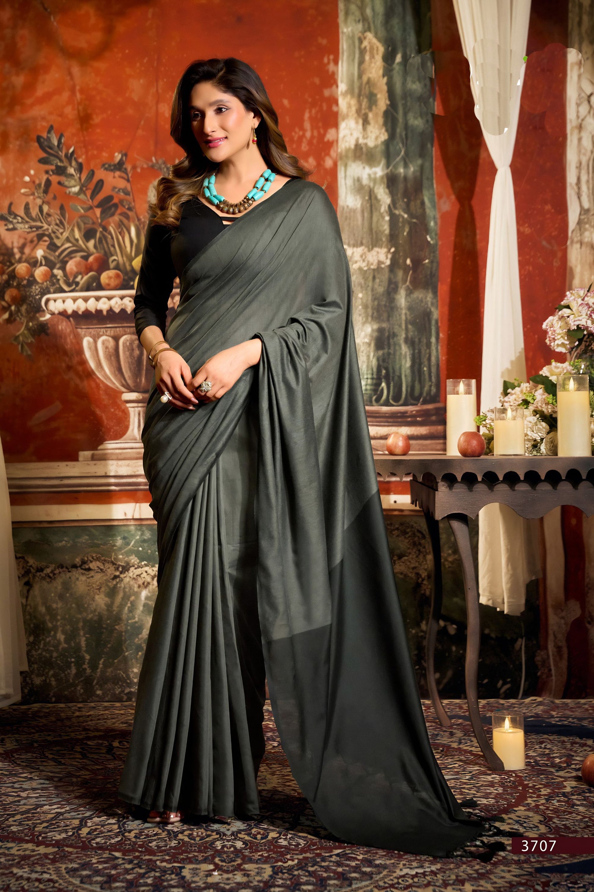 Elegant Charcoal Grey Silk Saree with Minimal Plain Design