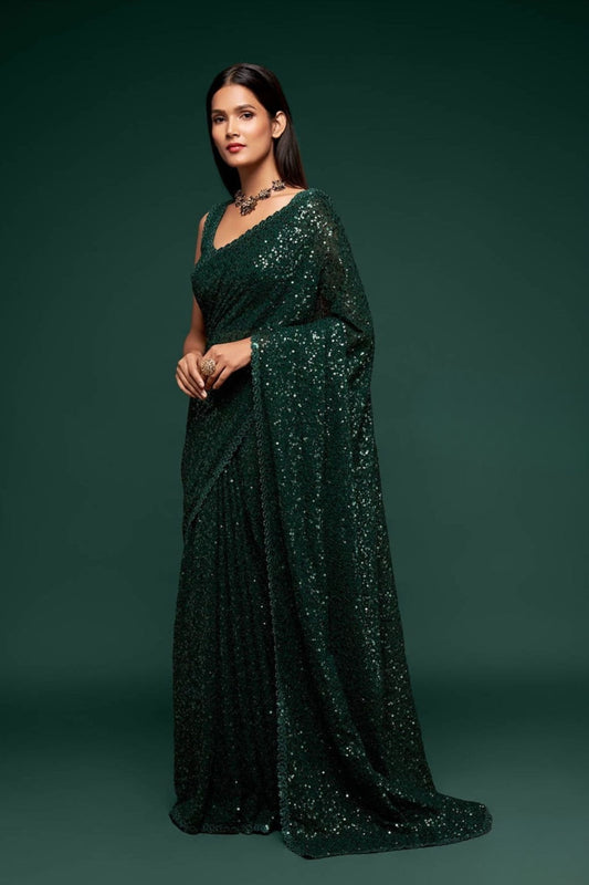 Dark Green Full Sequin Party Wear Saree with Designer Blouse