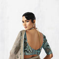 Elegant Beige Saree Designer Green Blouse Party Wear