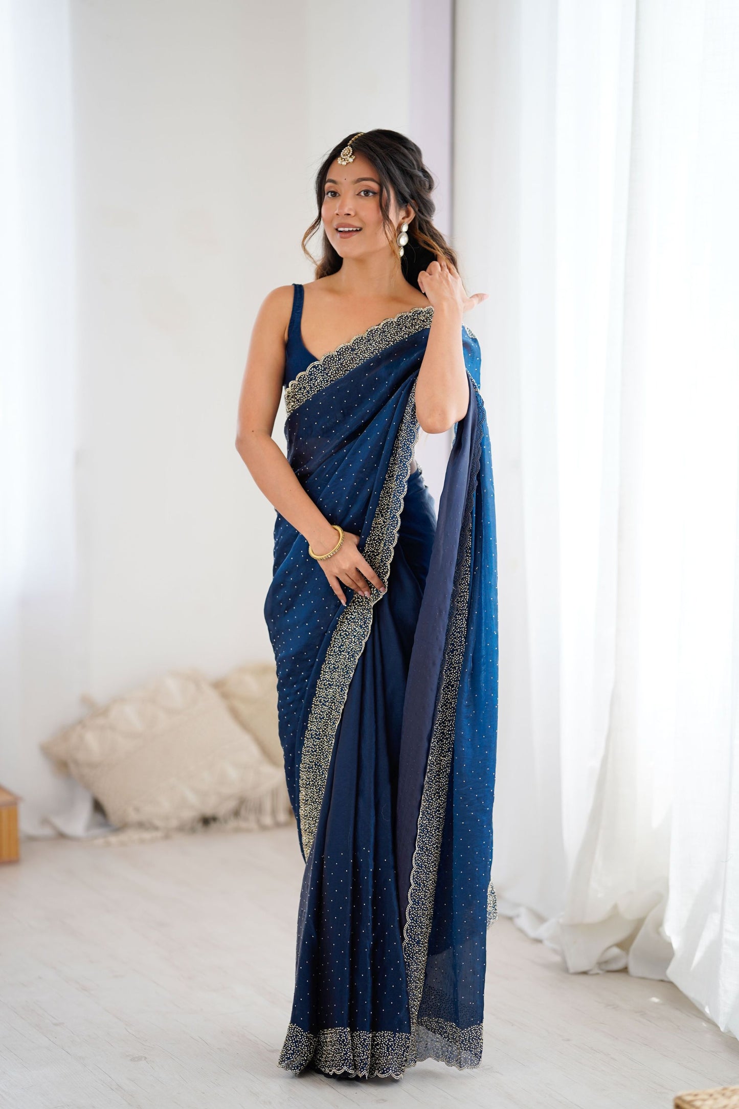 Designer Navy Blue Georgette Saree Heavy Border Party  Wear