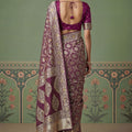 Luxury Wine Purple Heavy Embroidered Banarasi Silk Saree