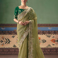 Olive Green Organza Saree Heavy Zari Embroidery Border Designer Blouse