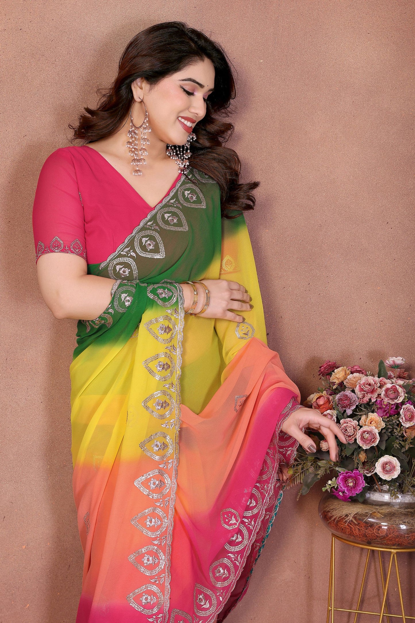 Multicolor Georgette Saree with Embroidered Border Work