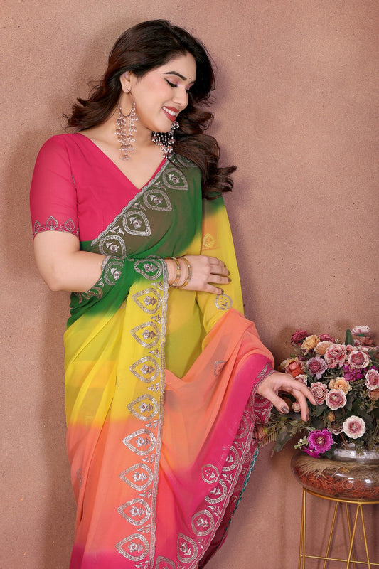 Multicolor Georgette Saree with Embroidered Border Work