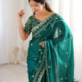 Luxury Teal Green Organza Silk Saree with Golden Embroidered Border