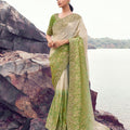 Green Cream Embroidered Silk Designer Saree with Heavy Blouse