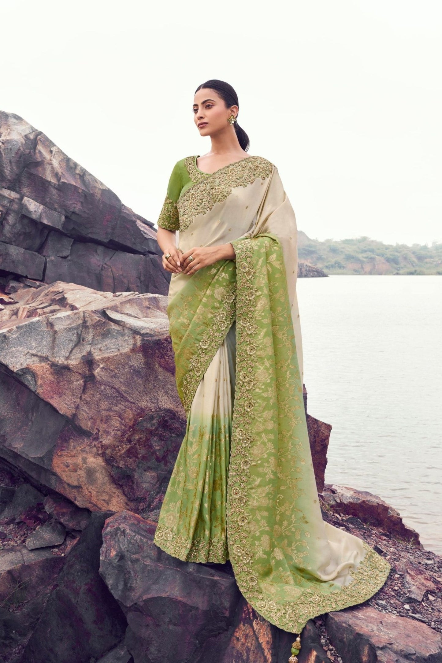 Green Cream Embroidered Silk Designer Saree with Heavy Blouse