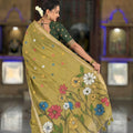 Olive Green Linen Silk Saree with Multicolor Floral Print Woven Border