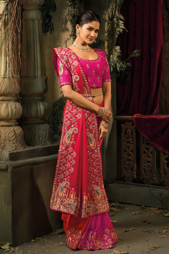 Pink Red Designer Embroidered Silk Saree with Heavy Border