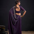 Wine Purple Silk Saree Antique Silver Zari Border Party Wear Saree