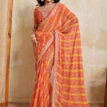 Orange Georgette Saree with Golden Embroidered Border Designer Blouse 