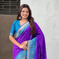Purple Saree with Blue Contrast Border Traditional Printed Design