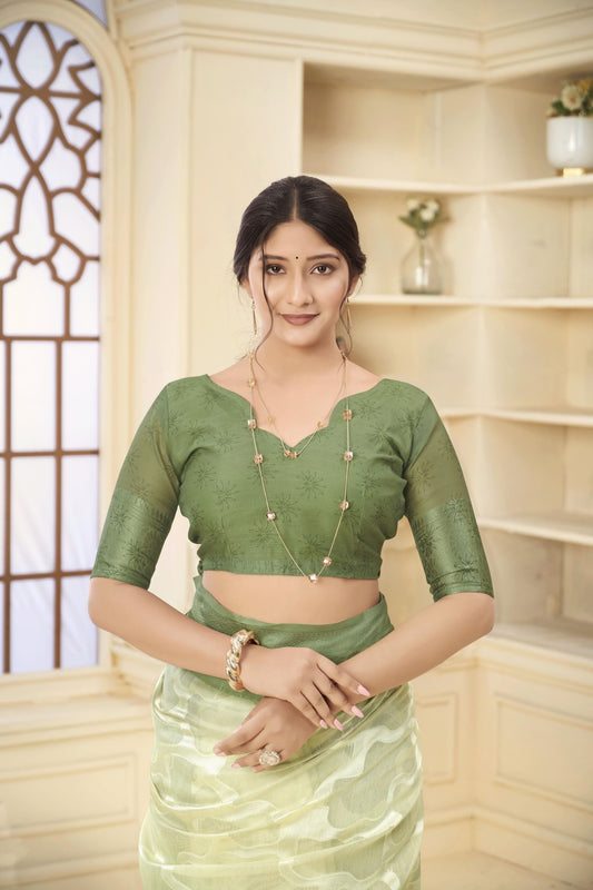 Gorgeous Green and Beige Printed Linen Silk Saree with Zari Work and Blouse Piece
