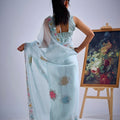 Designer Sky Blue Organza Saree with Floral Embroidery Party Saree