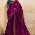 Magenta Silk Saree with Silver Zari Embroidery Green Designer Blouse 