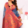 Sky Blue Paithani Silk Saree with Pink Zari Border and Traditional