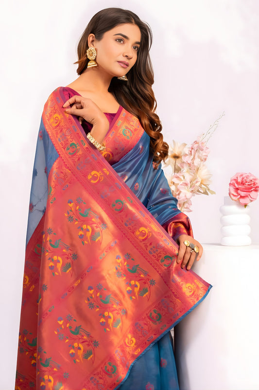 Sky Blue Paithani Silk Saree with Pink Zari Border and Traditional