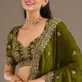 Olive Green Silk Saree with Heavy Zari Embroidered Border Designer Blouse