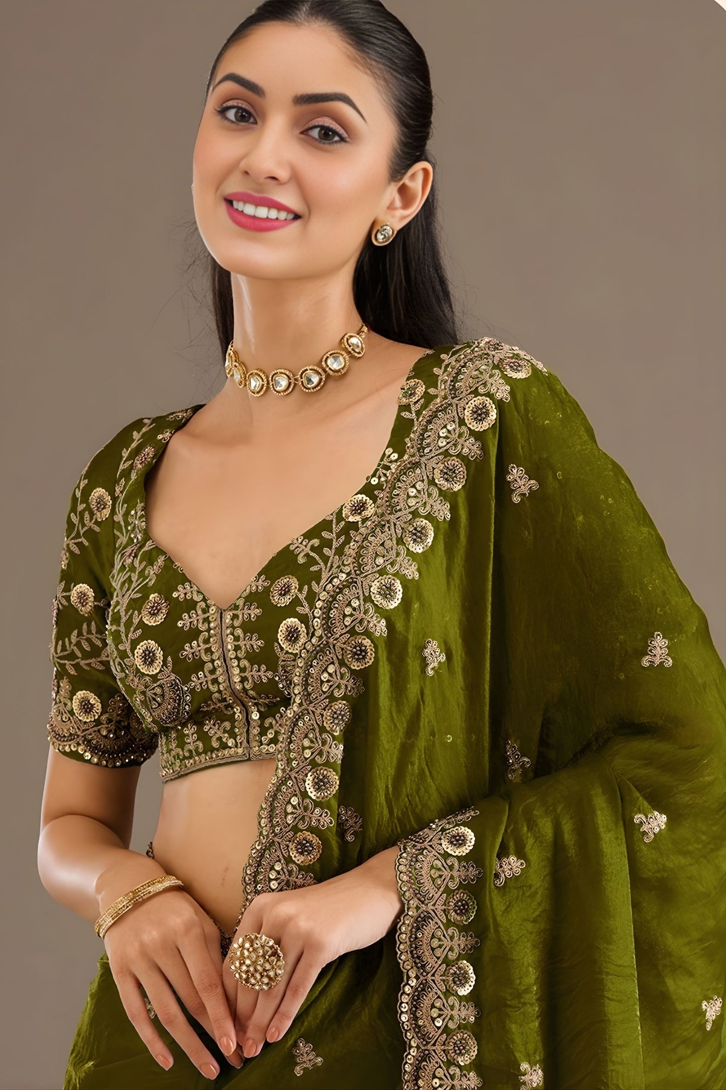 Olive Green Silk Saree with Heavy Zari Embroidered Border Designer Blouse