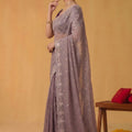 Lavender Organza Silk Saree Floral Embroidered Border Designer Blouse
