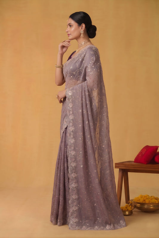 Lavender Organza Silk Saree Floral Embroidered Border Designer Blouse