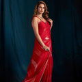 Red Satin Silk Saree with Gold Zari Border Designer Party Wear
