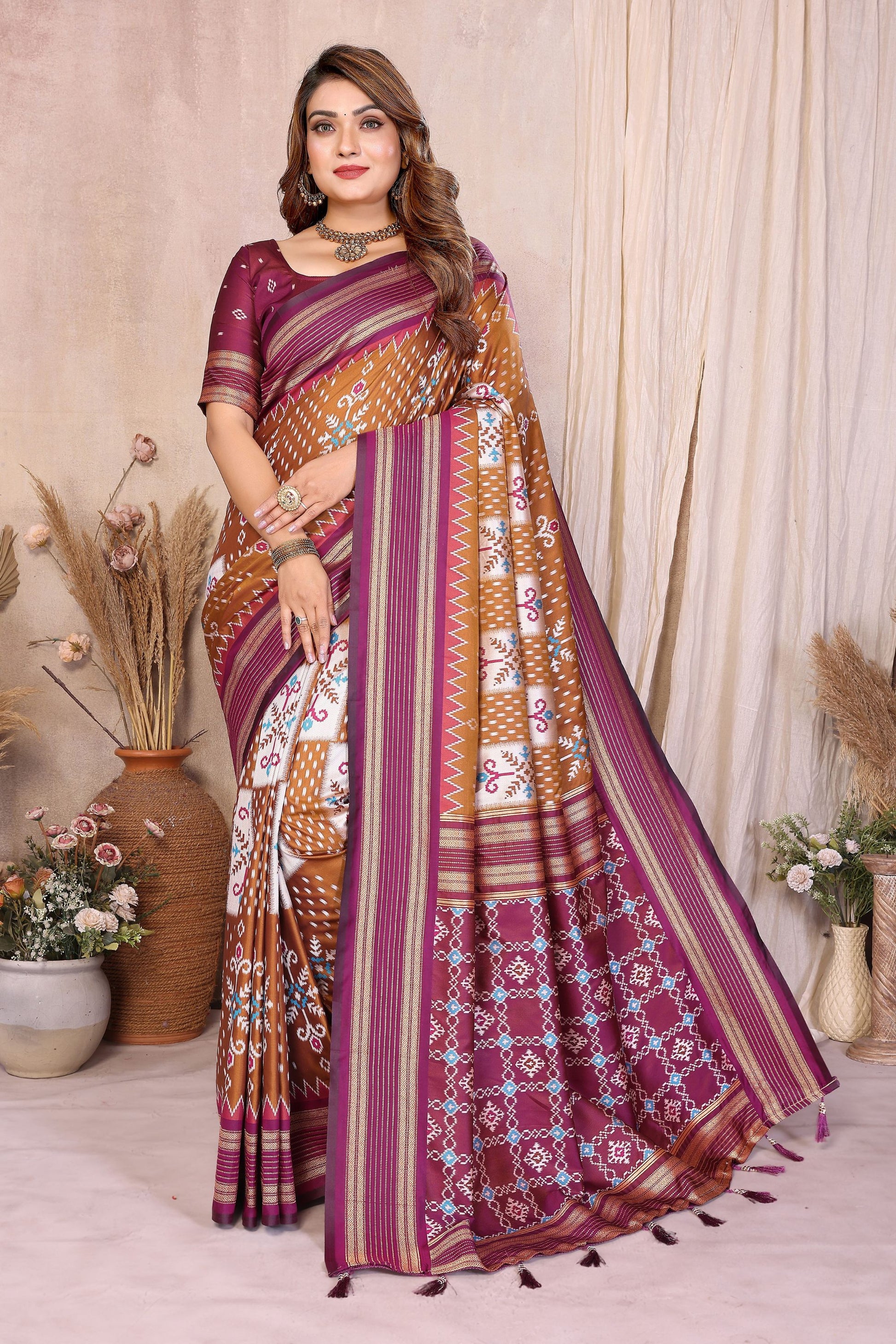Brown And Wine Ikat Silk Saree with Traditional Saree Contrast Border