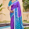 Purple Silk Blend Saree with Teal Woven Pallu Traditional Motifs 