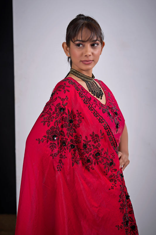 Red Organza Saree with Black Floral Embroidery Designer Saree