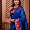 Royal Blue Paithani Silk Saree with Contrast Pink Zari Border