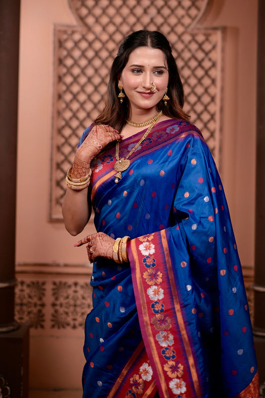 Royal Blue Paithani Silk Saree with Contrast Pink Zari Border