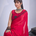 Rani Pink Organza Saree Black Embroidery Designer Party Wear Saree