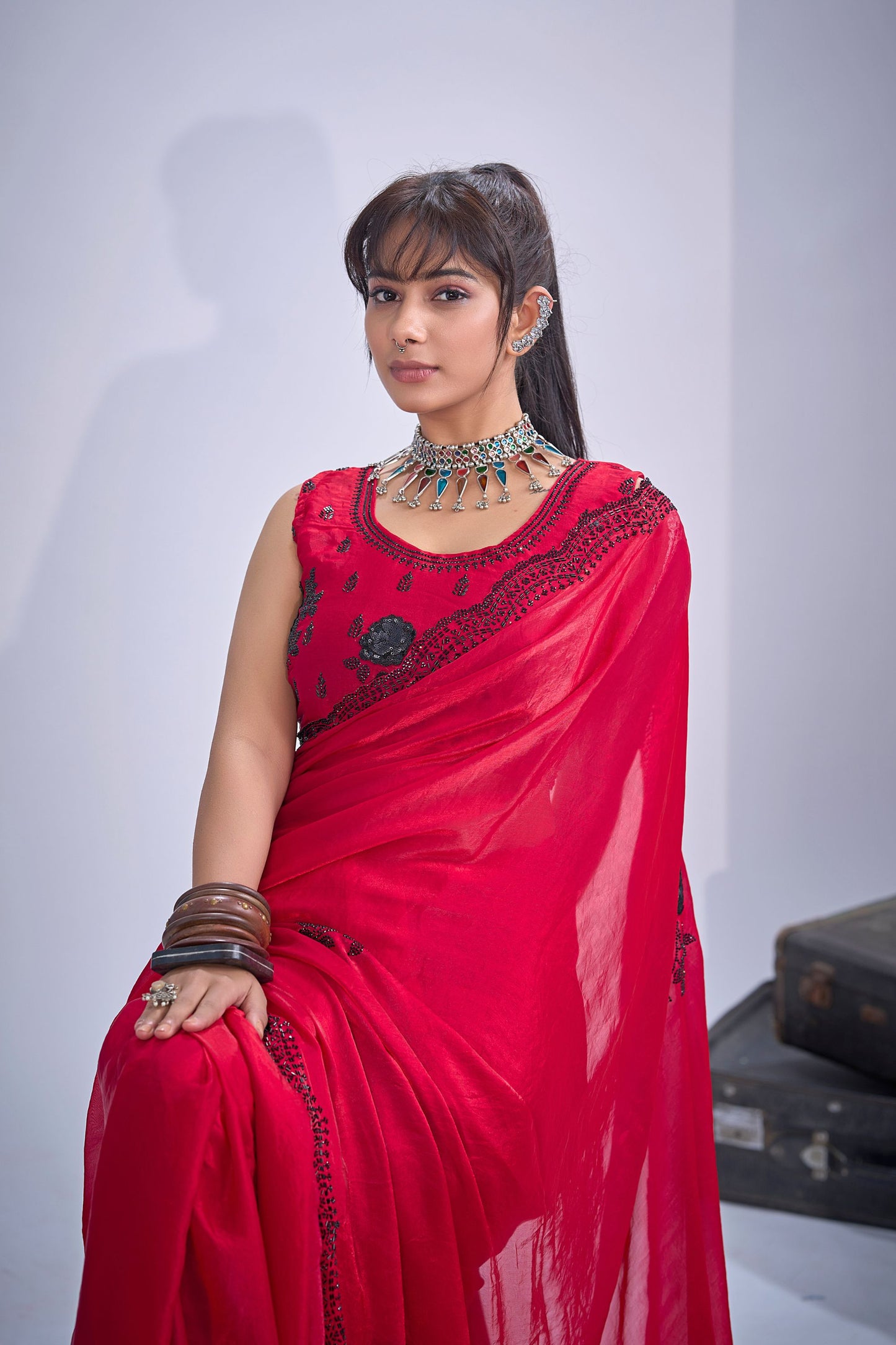 Rani Pink Organza Saree Black Embroidery Designer Party Wear Saree