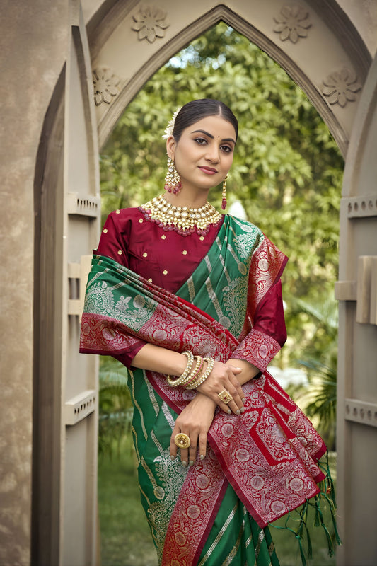 Green Banarasi Silk Saree Red Zari Border Traditional Saree