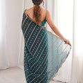 Teal Blue Organza Silk Saree Golden Zari Embroidery Designer Blouse