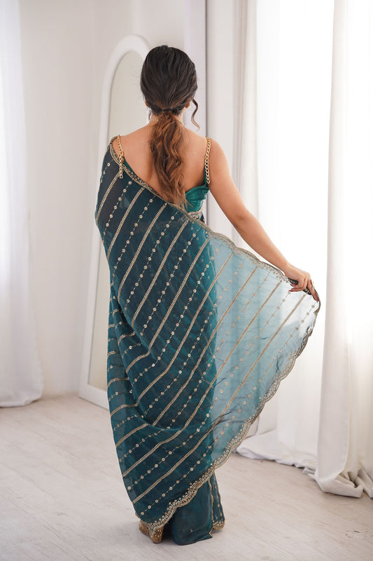 Teal Blue Organza Silk Saree Golden Zari Embroidery Designer Blouse