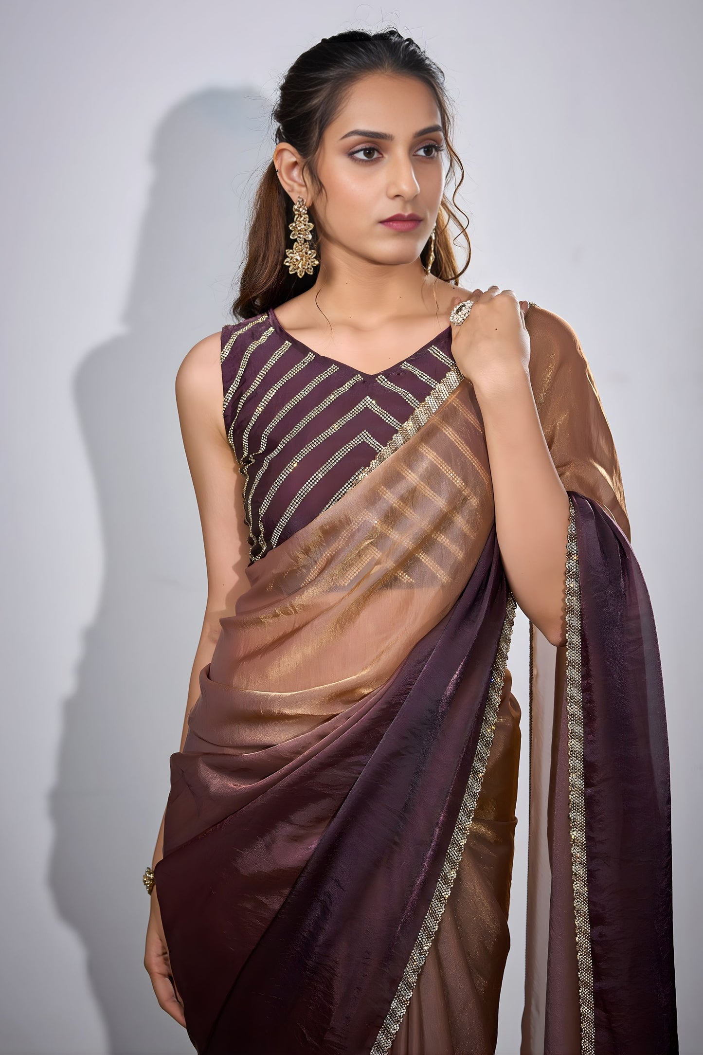 Wine Brown Copper Dual Tone Saree with Designer Border