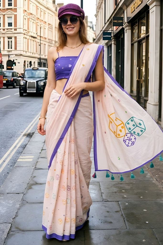 Light Pink Saree Purple Border Designer Printed Pallu Trendy Casual Wear Saree