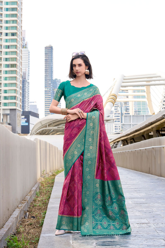 Green And Pink Banarasi Silk Saree with Intricate Zari Festive Wear