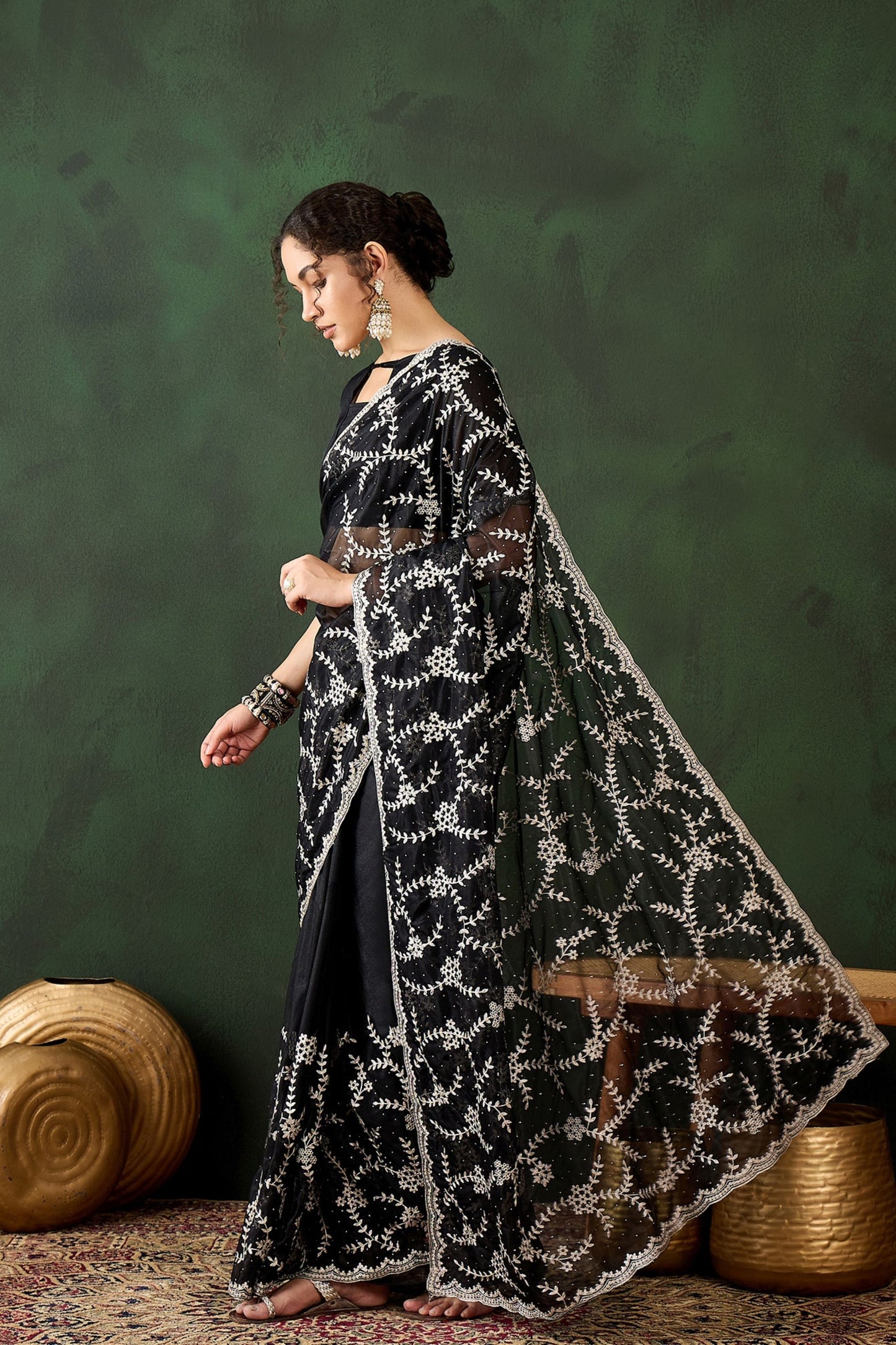 Black Embroidered Net Saree with Designer Border Party Wear Saree