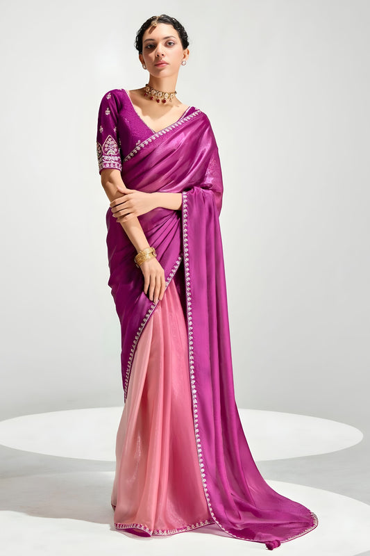  Pink Magenta Ombre Organza Saree with Designer Blouse