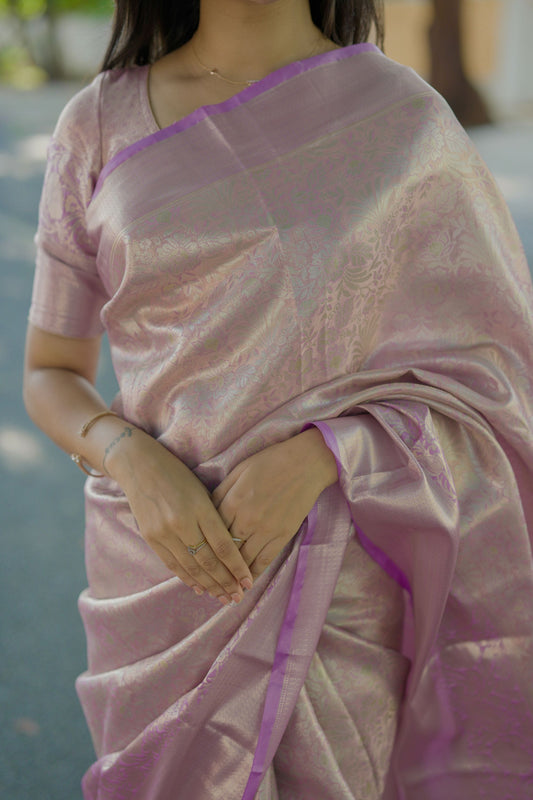 Lavender Pink Banarasi Silk Saree Floral Zari Weaving Border