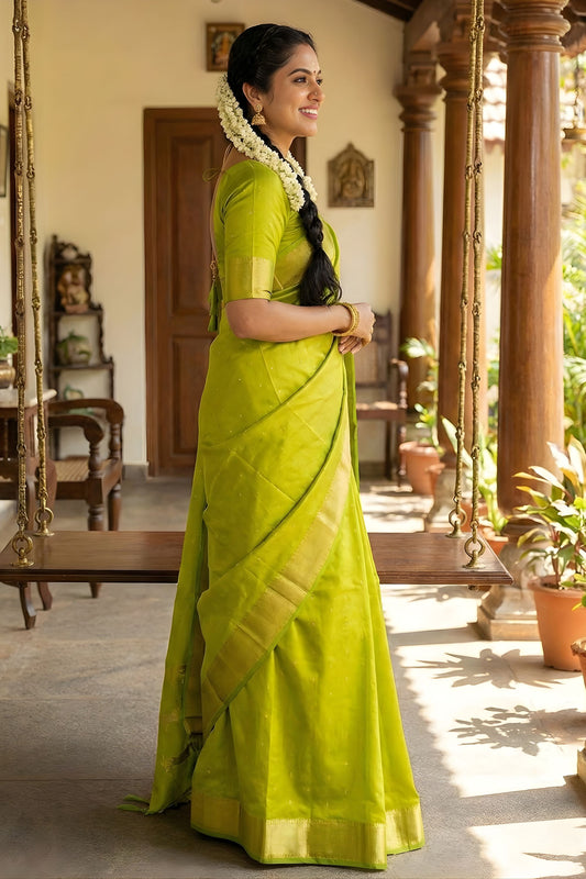 Lime Green Kanjivaram Silk Saree Gold Zari Border Motif Pallu
