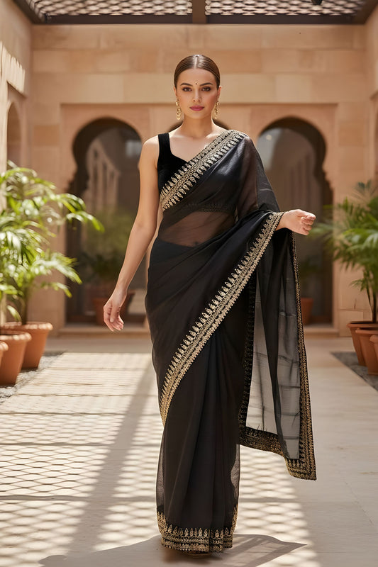 Black Organza Saree Designer Embroidered Border Sleeveless Blouse