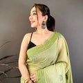 Pistachio Green Linen Cotton Saree Artistic Elephant Print Pallu