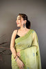 Pistachio Green Linen Cotton Saree Artistic Elephant Print Pallu