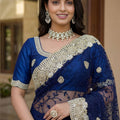  Navy Blue Net Saree Pearl Embroidery Work Heavy Designer Border 