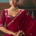 Wine Red Embroidered Silk Saree with Zari Work Festive Wear