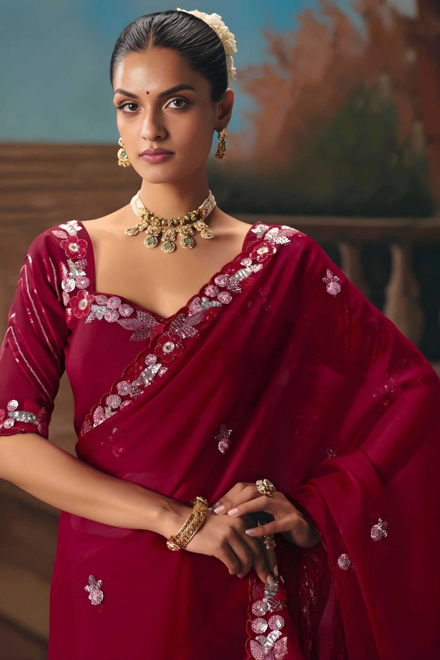 Wine Red Embroidered Silk Saree with Zari Work Festive Wear