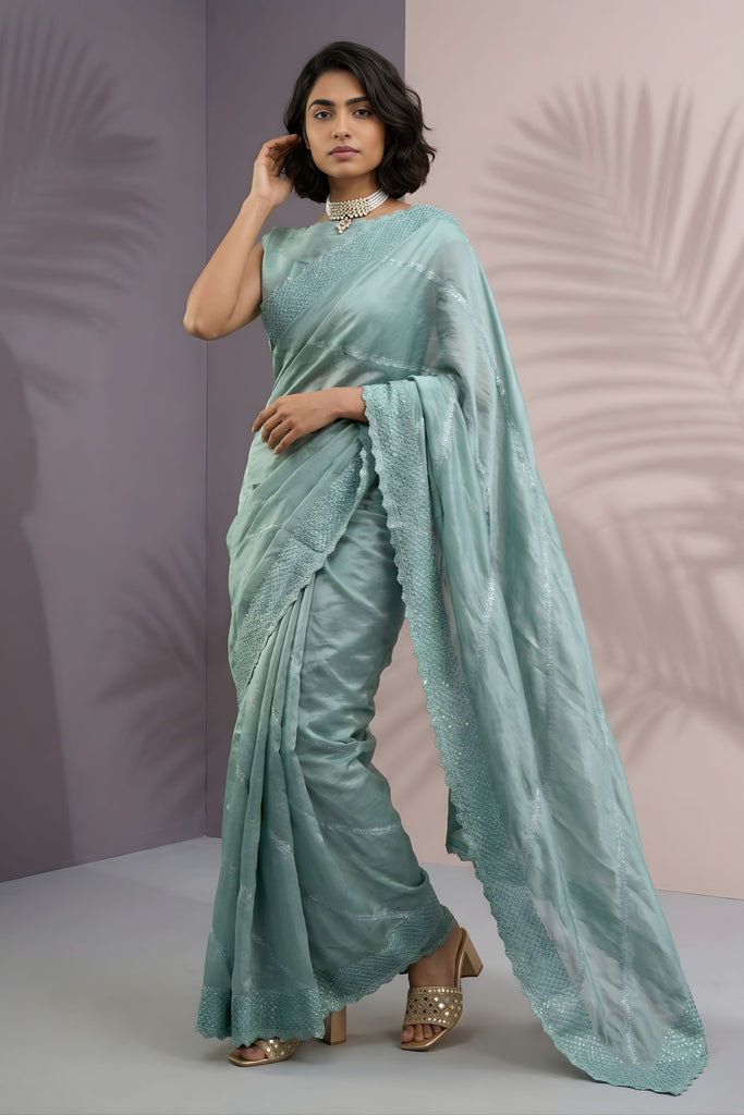  Sea Green Silk Saree with Embroidered Border Designer Blouse